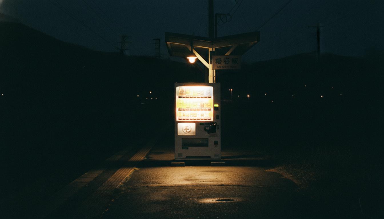 夜の無人駅に佇む光る自動販売機