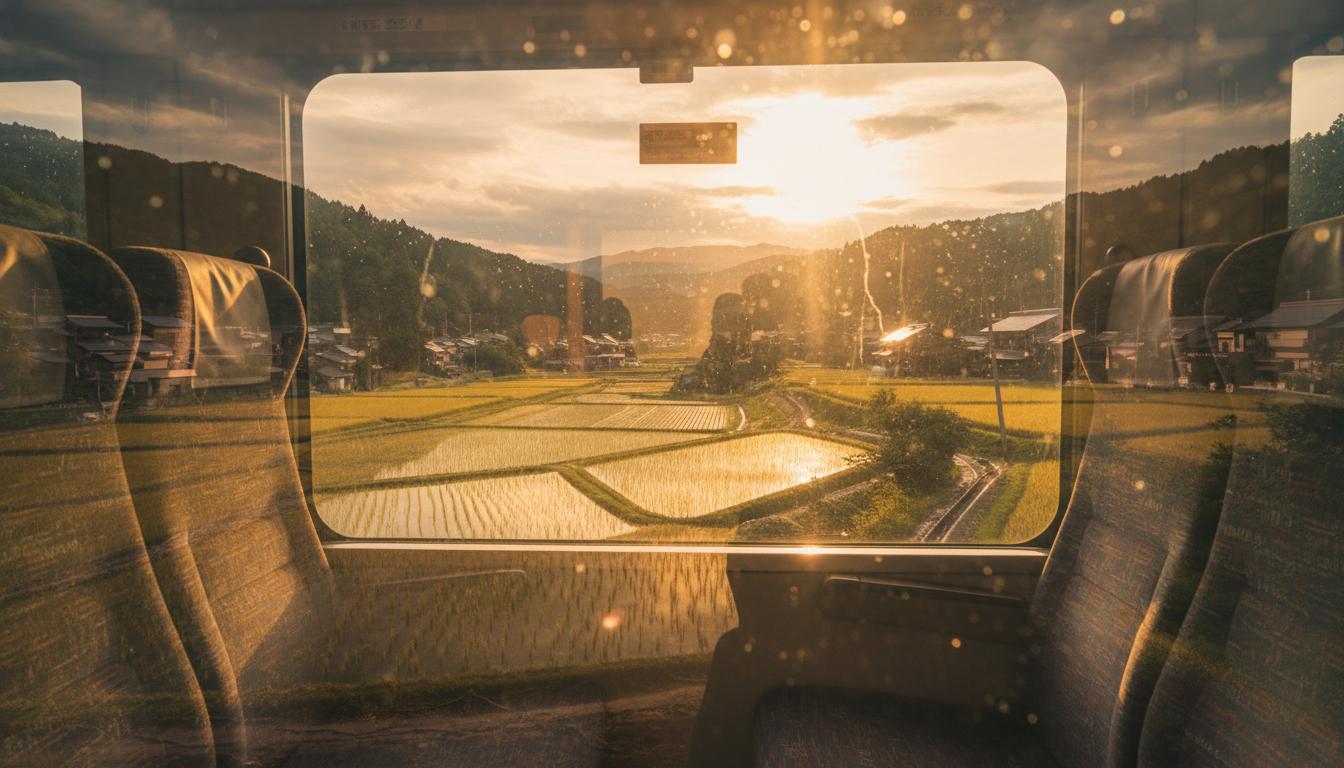 夕暮れ時の列車の窓に映る風景と座席のシルエット