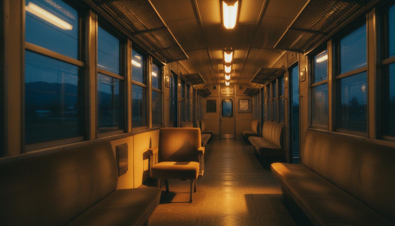 夕暮れ時の電車の車内、温かみのある照明と窓の反射